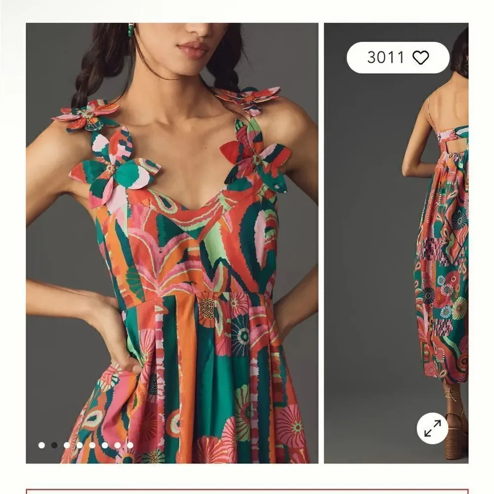 NEW Farm Rio x Anthropologie Pleated Palm Cutout Midi Dress Medium - Picture 7 of 8